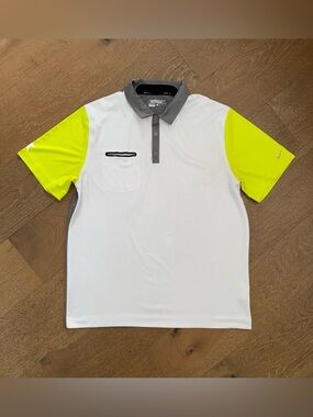 Nike Men’s White Polo with Neon Yellow Sleeves and Gray Collar